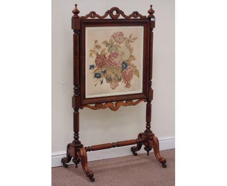 Quality late Victorian rosewood fire screen, fret work decoration, carved detail, turned finials, fitted with needle work pan