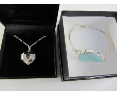 Larimar set silver bangle and an abalone set heart locket necklace both stamped 925 Condition Report Click here for further i