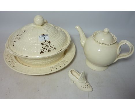 Royal Creamware lidded dish on stand, teapot and decorative shoe Condition Report Click here for further images, condition, a