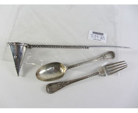 Georgian style silver candle snuffer by Michael Allen Bolton London 1988 and Victorian christening spoon and fork Condition R