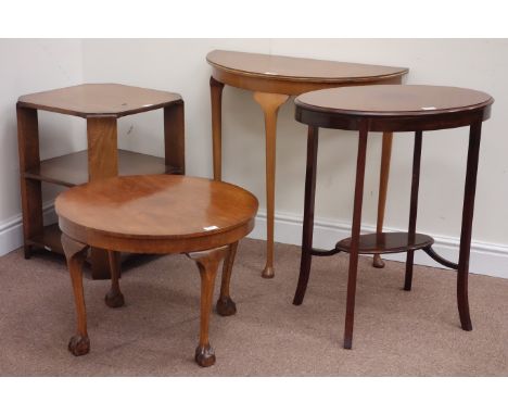 Art Deco period two tier oak coffee table, oak demi-lune console table, circular walnut coffee table and an Edwardian mahogan