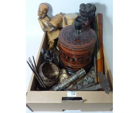 Oriental lacquered lamp, carved African figures, horn stick, other African and Eastern items in one box  Condition Report Cli