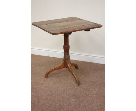 19th century pine tilt top table raised on turned beech tripod base, 59cm x 62cm, H68cm Condition Report Click here for furth