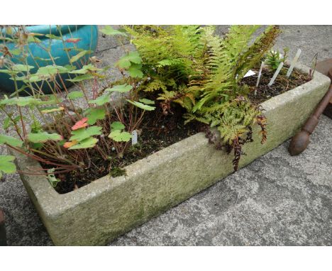 Composite stone rectangular planter, vintage farm machinery hopper plater and a cast iron planter Condition Report Click here
