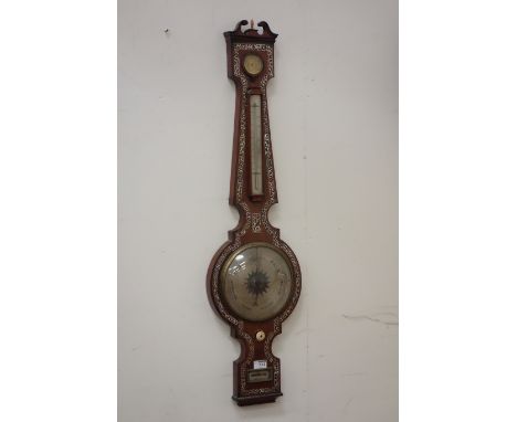 Regency mother of pearl inlaid rosewood barometer, mercury thermometer, swan neck top pediment, signed 'Luigi Monasteri Darli