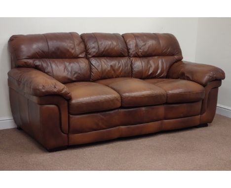 Three seat sofa (W220cm), and matching two seat sofa (W170cm), upholstered in sofa brown leather Condition Report Click here 