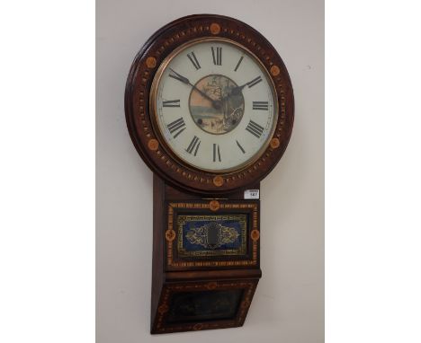 19th century inlaid rosewood drop dial 'Superior 8-day wall clock', H75cm CLOCKS & BAROMETERS - as we are not a retailer, the