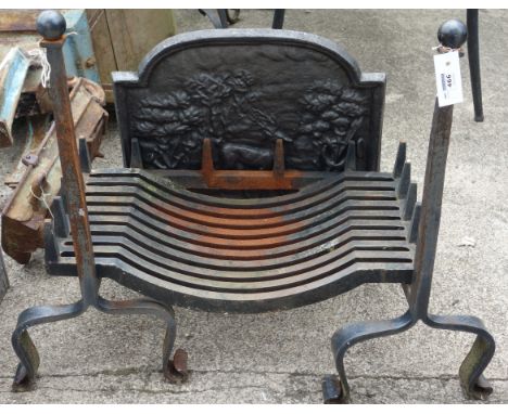 Wrought metal fire dogs, fire plate with cast iron back grate decorated with stag Condition Report Click here for further ima