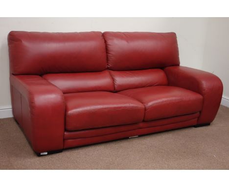 Large two seat sofa upholstered in red leather (W195cm), and matching armchair (W113cm) Condition Report Click here for furth