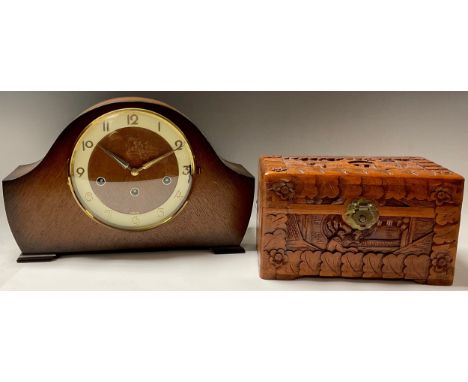An oak Bentima 8-Day mantel clock, Westminster chime; a miniature Cantonese camphor wood box, carved throughout, hinged cover
