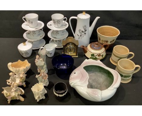 A Bavarian coffee service; Torquay ware teapot;  Bristol blue glass bowl; Mocha vases and mugs; brass carriage clock; Contine