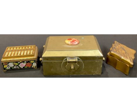 A Chinese cloisonne enamel abacus box; a Chinese agate mounted brass box; a Japanese lacquer box (3) 
