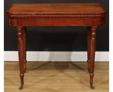 A mahogany card table, hinged top, rope twist legs, brass casters, 75.5cm high, 92cm wide, 45.5cm deep 