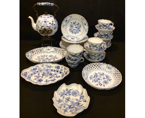 A Meissen Onion pattern tea service, comprising tea kettle on stand, oval dish, another, circular, two dinner plates, one des