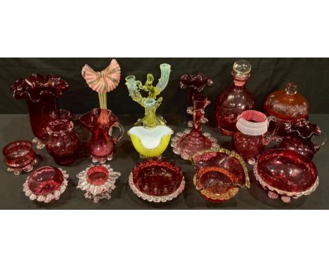 A Victorian cranberry glass vase, a globular decanter and stopper, milk jug, sugar bowl, table salts, assorted vases, bowl an