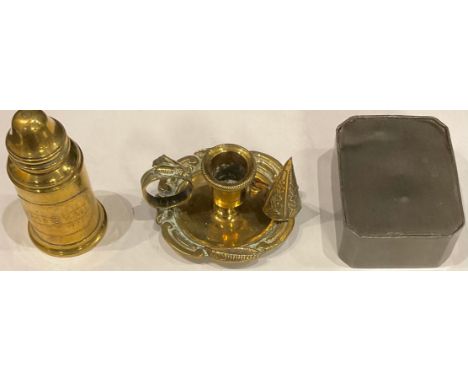 A Georgian pewter snuff box; a miniature chamberstick; a snuffer; a Down Bros, London miniature brass lamp 