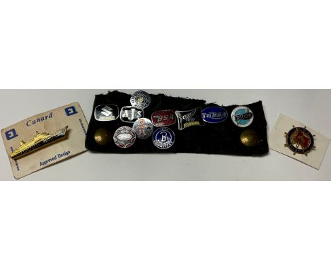 A collection of ten motorcycle enamel badges; others, Cunard QEII, RMS Samarca (12) 