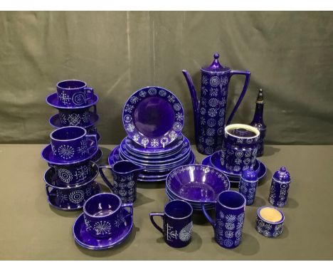 A Portmeirion Blue Totem part dinner and coffee service, by Susan Williams-Ellis, comprising plates, bowls, jug, oil bottle, 