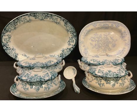 W Adams Rose pattern tureens, printed in blue, comprising two small and two large, a conforming meat plate and ladle;  etc 