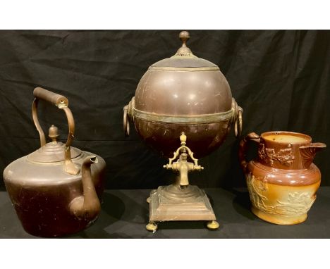 A large 19th century salt glazed stoneware jug, sprigged with a stag hunting group, the border with fruiting vine, greyhound 