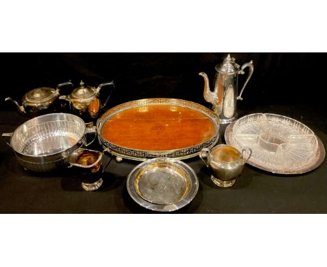 Plated Ware - a four piece EPNS tea service;  a glass and plated ware hors d'oeurve dish;  a warming dish;  a Mappin and Webb