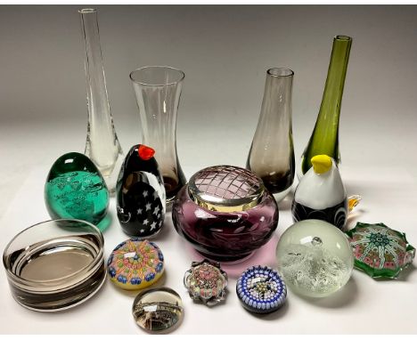 A Victorian green glass dump with sulphur flower inclusions; a Caithness penguin paperweight; another similar; other decorati