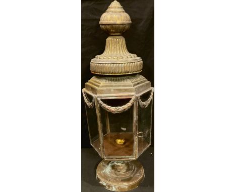 A late 19th century brass stair post lantern, of hexagonal form, fluted globular finial, 55cm high, c.1870 