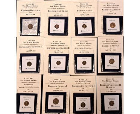 Roman coins, all around AVF except where noted, base metal Westminster mint supplied in wallets with printed description: Gal