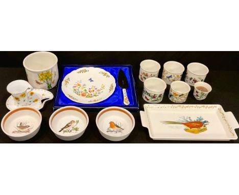 An Aynsley Cottage Garden pattern cake plate and slice; Portmeirion jars, serving plate, etc; three Denby bird pattern bowls;