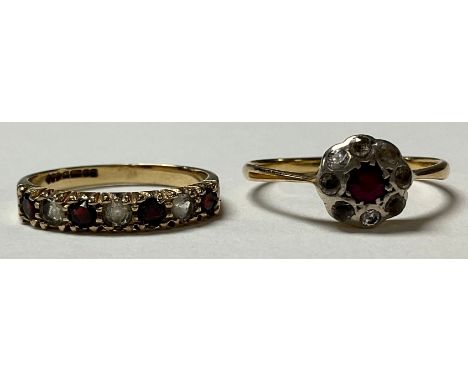 A 9ct gold diamond and ruby chip half eternity ring, size I, a 9ct gold flower head diamond and ruby chip ring, size J, 2.6g 