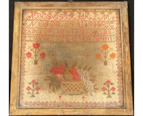 An early Victorian needlework alphabet sampler, 'Eliza Crofts Work, Age 11, 1841, 36cm x 36cm overall 