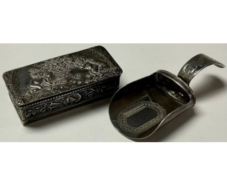 A 19th century Continental silver snuff box, the hinged cover in relief with putto and flower basket, marked 925 Sterling, 5c