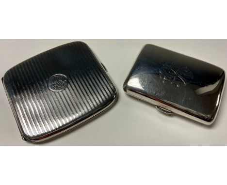 A GV silver rounded rectangular cigarette case, engine turned in bands, 9cm wide, Birmingham, 1919; another, curved rectangul