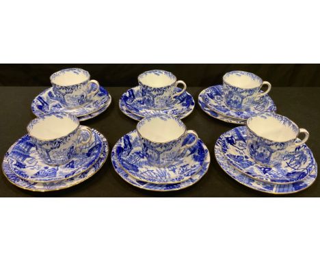 A set of six Royal Crown Derby Mikado pattern teacups, saucers and tea plates, gilded edges, assorted year cyphers, c.1930s 