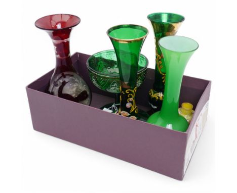 Collection of mostly bohemian green and ruby glass vases and goblet, with gilt decoration, one with applied flowers in high r