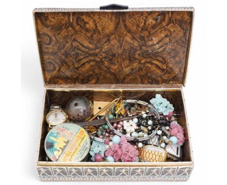 Gold black onyx signet ring, coin ring and manual wind wristwatch, all 9ct and a collection of costume jewellery and watchesC