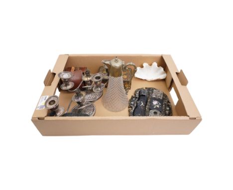 Pair of gentleman's silver backed hair brushes in leather case, pair of plated three light candelabra, papier mache inkstand,