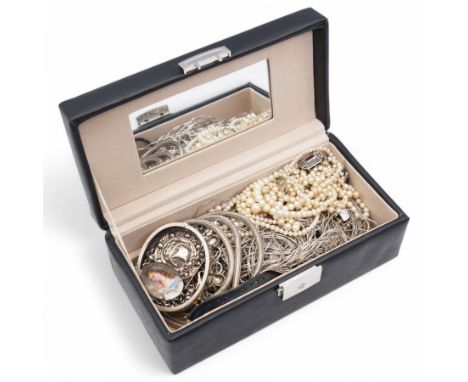 Silver jewellery including two necklaces, bangle and two brooches, two cultured pearl necklaces, Omega wristwatch and a colle