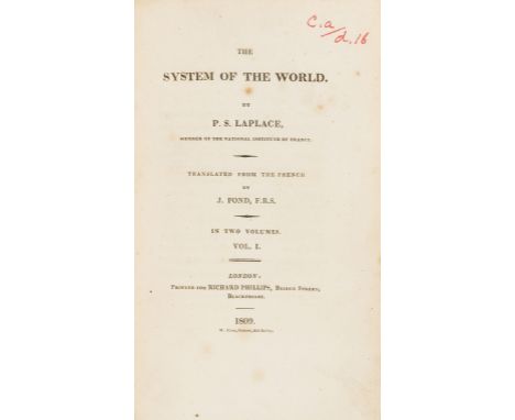 Astronomy.- Laplace (P[ierre] S[imon]) The System of the World, 2 vol., first English edition, translated by J. Pond, half-ti
