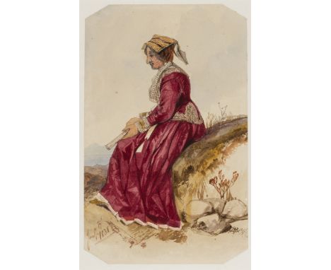 Italy.- Lear (Edward, 1812-1888) Portrait of a lady in traditional Italian dress, seated with lake beyond [recto]; Head study