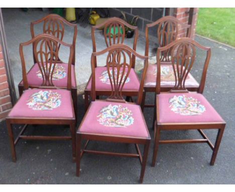 Set of six early 20th century mahogany splat-back chairs with tapestry seats. Condition report: see terms and conditions.