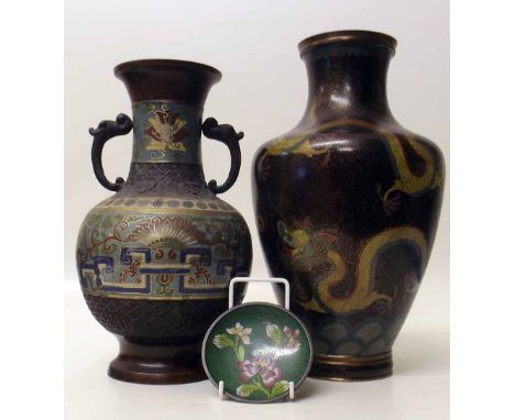 Japanese Cloisonne Dragon Vase, a Champleve Vase and a Small Dish (3) Condition report: see terms and conditions.