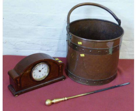 Copper coal bucket with brass bands and Edwardian mahogany and inlaid mantel clock (Quartz movement). Condition report: see t