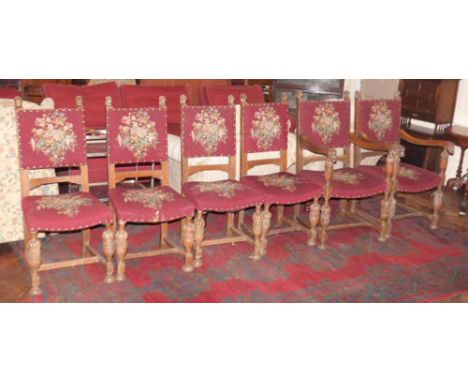 Set six early 20th century oak Jacobean style dining chairs with tapestry seats. Condition report: see terms and conditions.