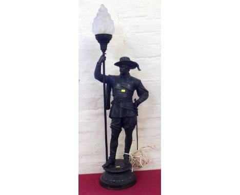 Large Spelter lamp base in the shape of a soldier. Condition report: see terms and conditions.