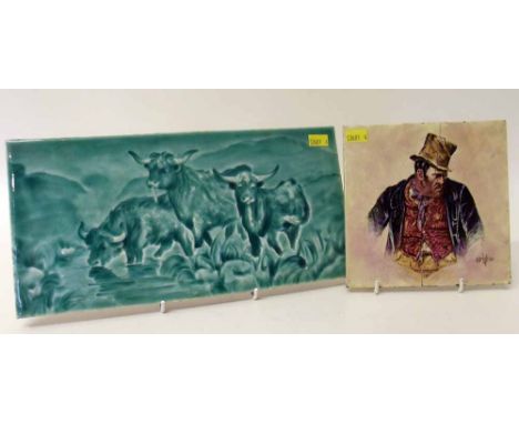 Majolica tile moulded with highland cows also a hand painted tile decorated with Bill Sykes. Condition report: see terms and 