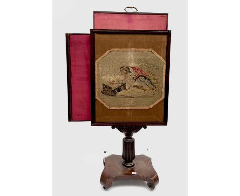 A Regency mahogany firescreen, the octagonal needlepoint decorated with a monkey and cat, with sliding panels, height 116cm, 