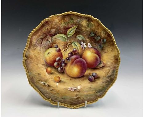 A Royal Worcester fruit painted plate, signed Paul English, late 20th century, decorated with peaches, an apple and cherries,