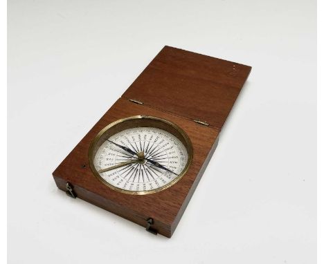 A 19th century mahogany pocket travel compass, with hinged cover and printed card dial, 8cm square.