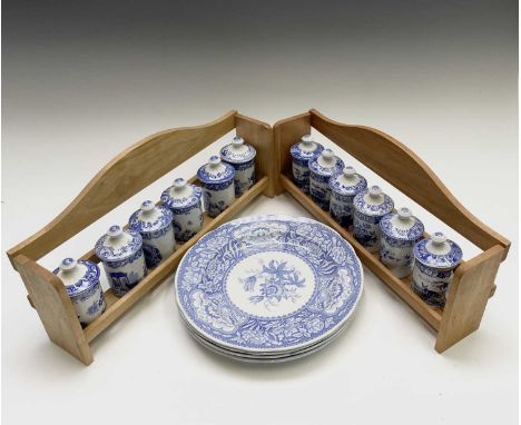 The Spode Blue Room Collection - A set of six Spode spice jars, 'Mint', 'Bay', 'Rosemary', 'Thyme', 'Sage' and 'Parsley' heig